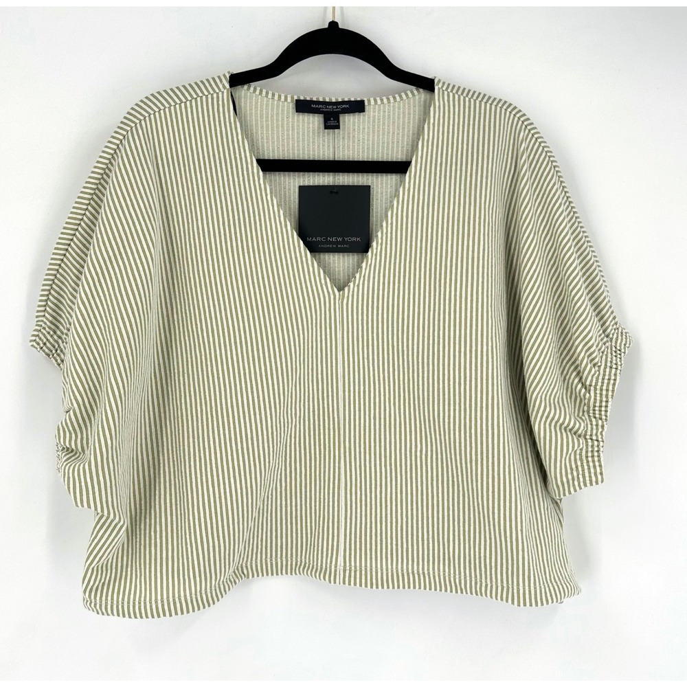 MARC NEW YORK Split Pea White Stripe V Neck Dolman Sleeve Top Size S NWT Boxy